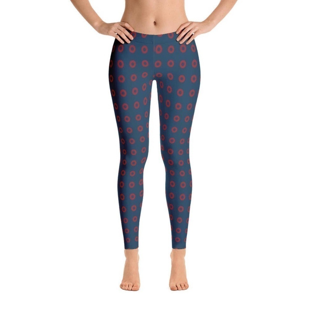 Phish Red Circle Donut Leggings, Fishman Donut Blue with Red Donuts.